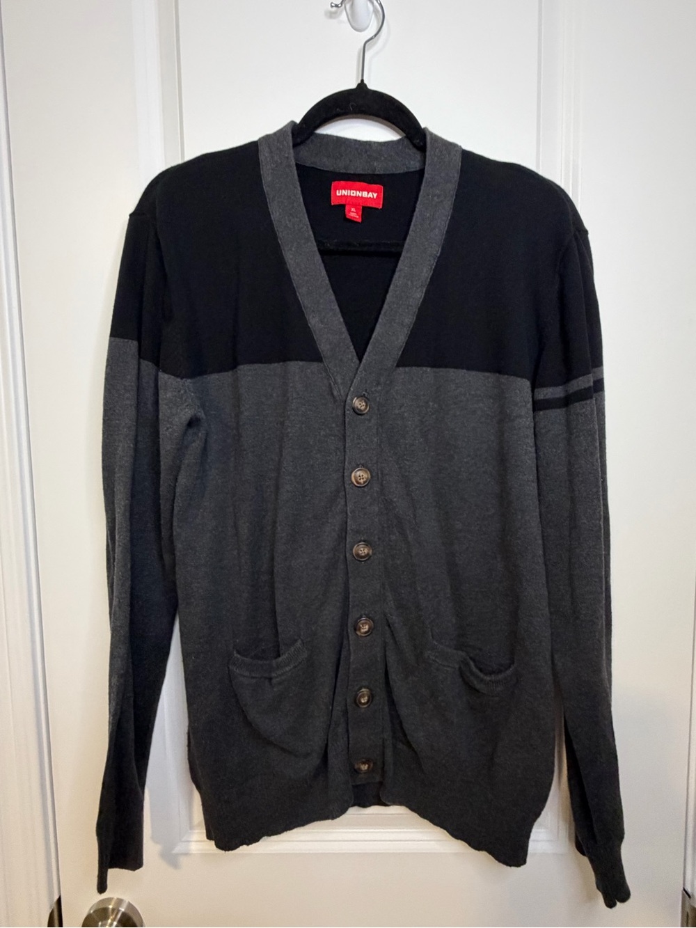 UNIONBAY Two Tone Black and Charcoal VNeck Button Cardigan